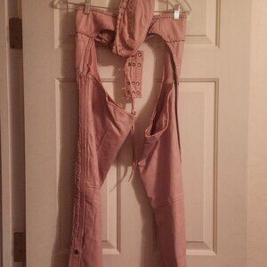 Pink Leather Braided Motorcycle Chaps and Matching Hat